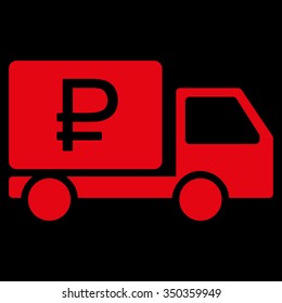 Rouble Shipment vector icon. Style is flat symbol, red color, rounded angles, black background.