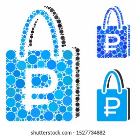Rouble shopping composition of filled circles in variable sizes and color hues, based on rouble shopping icon. Vector filled circles are composed into blue composition.