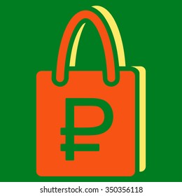 Rouble Shopping vector icon. Style is bicolor flat symbol, orange and yellow colors, rounded angles, green background.