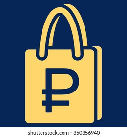 Rouble Shopping vector icon. Style is flat symbol, yellow color, rounded angles, blue background.