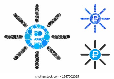 Rouble source composition of round dots in various sizes and color hues, based on rouble source icon. Vector round dots are grouped into blue mosaic.