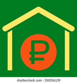 Rouble Storage vector icon. Style is bicolor flat symbol, orange and yellow colors, rounded angles, green background.