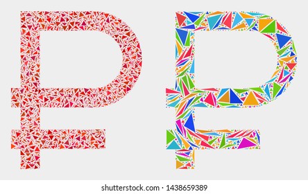 Rouble symbol mosaic icon of triangle elements which have different sizes and shapes and colors. Geometric abstract vector illustration of rouble symbol.