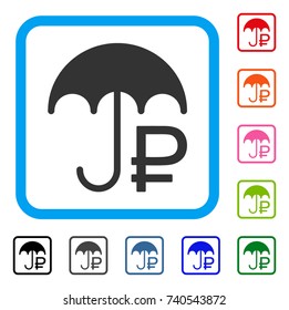 Rouble Umbrella icon. Flat grey pictogram symbol inside a light blue rounded rectangle. Black, gray, green, blue, red, orange color versions of Rouble Umbrella vector.