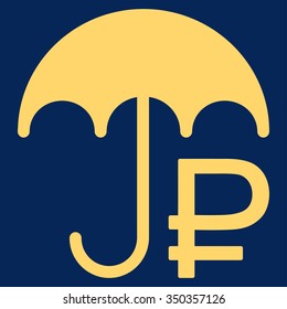 Rouble Umbrella vector icon. Style is flat symbol, yellow color, rounded angles, blue background.