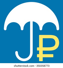 Rouble Umbrella vector icon. Style is bicolor flat symbol, yellow and white colors, rounded angles, blue background.