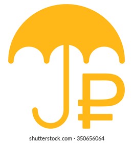 Rouble Umbrella vector icon. Style is flat symbol, yellow color, rounded angles, white background.