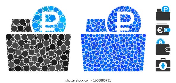 Rouble wallet mosaic of small circles in variable sizes and color hues, based on rouble wallet icon. Vector small circles are grouped into blue composition.
