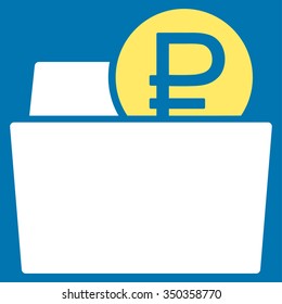 Rouble Wallet vector icon. Style is bicolor flat symbol, yellow and white colors, rounded angles, blue background.