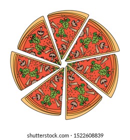 roud pizza slices over white background, vector illustration