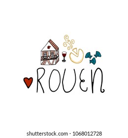 Rouen, Normandy cartoon hand drawn illustration. Cute Travel concept
