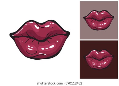 Rouge lips vector fashion image. Label with glamour rouge lips. Vogue beautiful rouge lips. Isolated element on white, gray and dark background.