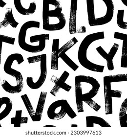 Rough alphabet bold letters seamless pattern. Brush drawn textured typography ornament. Childish style english capital letters. Grunge typography. Vector rough inked letterpress print texture. 