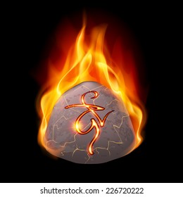 Rough ancient stone with magic rune burning in orange flame