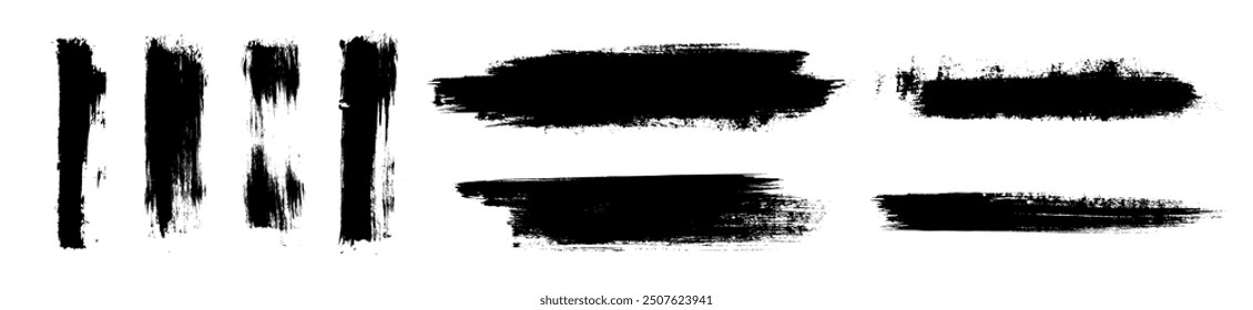 Rough Asian calligraphic ink brush strokes. Korean, Chinese, Japanese ink blots, splotches, stains on paper. Grungy vector hand-drawn textures collection. Isolated high definition trace elements