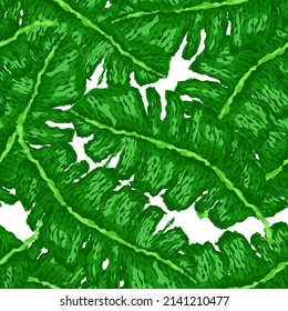 Rough banana leaf seamless pattern. Tropical background. Camouflage green leaves. Repeated design texture for printing, fabric, wrapping, fashion, interior, wallpaper, tissue. Vector illustration.
