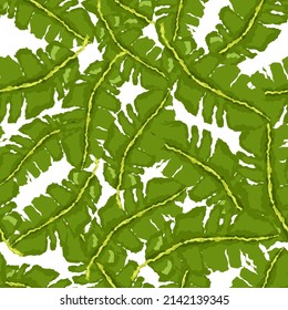 Rough banana leaf seamless pattern. Tropical background. Camouflage green leaves. Repeated design texture for printing, fabric, wrapping, fashion, interior, wallpaper, tissue. Vector illustration.