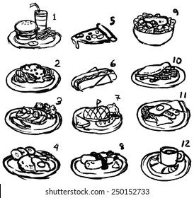 Rough black and white line sketch of international food icon collection set, create by vector