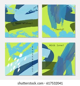 Rough blue strokes on bright green.Hand drawn creative invitation greeting cards. Poster, placard, design templates. Anniversary, Birthday, wedding, party cards set of 4. Isolated on layer.