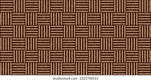 Rough brown basket weave lattice seamless pattern. Basketweave fluffy sketchy carpet or doormat with sloppy texture. Simple monochrome background. Vector abstract illustration