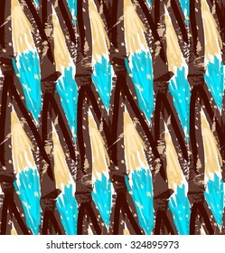 Rough brush brown grid with blue.Abstract colorful seamless background. Stained and grunted texture over hand drawn paint brush ornament.