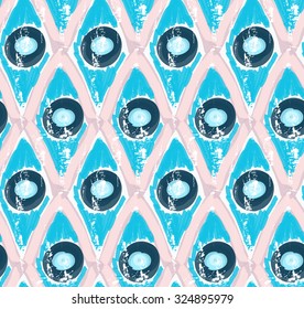 Rough brush diamond grid with blue circles.Abstract colorful seamless background. Stained and grunted texture over hand drawn paint brush ornament.
