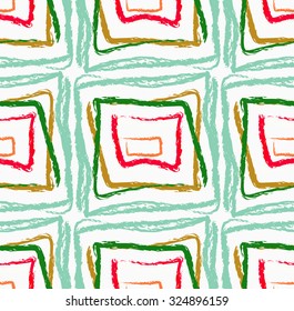 Rough brush green and red squares.Abstract colorful seamless background. Stained and grunted texture over hand drawn paint brush ornament.