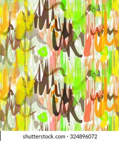 Rough brush green yellow and brown overlapping strokes.Abstract colorful seamless background. Stained and grunted texture over hand drawn paint brush ornament.