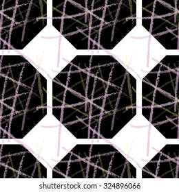 Rough brush over black hexagons.Abstract colorful seamless background. Stained and grunted texture over hand drawn paint brush ornament.