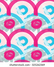 Rough brush pink and blue arcs and circles.Abstract colorful seamless background. Stained and grunted texture over hand drawn paint brush ornament.