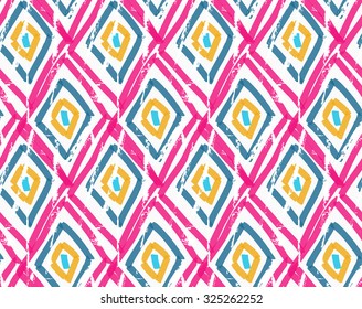 Rough brush pink diamond grid pattern.Abstract colorful seamless background. Stained and grunted texture over hand drawn paint brush seamless ornament.Hand drawn grunge texture over geometric pattern.