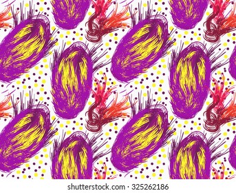 Rough brush purple spiky flower buds.Abstract colorful seamless background. Stained and grunted texture over hand drawn paint brush ornament.