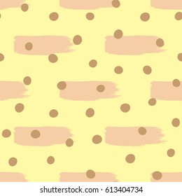 Rough brush strokes and randomly scattered round spots. Grunge texture. Colorful seamless pattern. Vector illustration. Yellow, brown, beige.