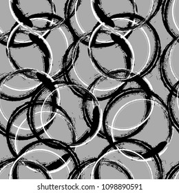 Rough brush texture black and white grunge circles seamless pattern design