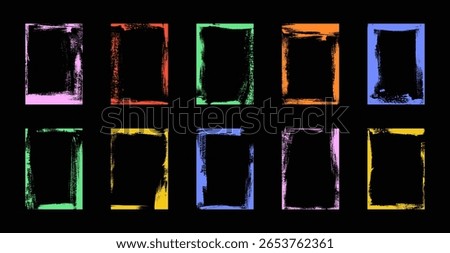 Rough brush texture colorful paint A4 frame set. Dry paint stroke grunge borders. Vector box-shaped childish splash rectangles on black bg. Old photo frames. Grungy edge overlay. Funky kids background