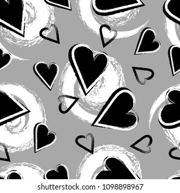 Rough brush texture monochrome grungy hearts and spirals seamless patter design