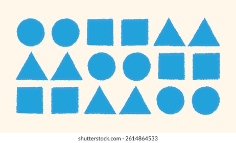 Rough brushstroke triangle, round and square frames. Grunge texture paint shapes. Stamp style hand drawn elements. Vector file.