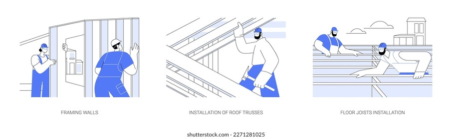 Rough carpentry in residential building abstract concept vector illustration set. Framing walls, installation of roof trusses, floor joists, construction process, hire contractor abstract metaphor.