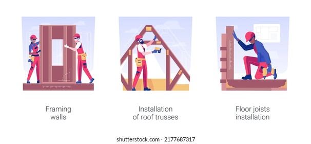 Rough carpentry in residential building isolated concept vector illustration set. Framing walls, installation of roof trusses, floor joists, construction process, hire contractor vector cartoon.