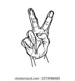 Rough cartoon hand drawn of a hand gesturing a peace symbol.