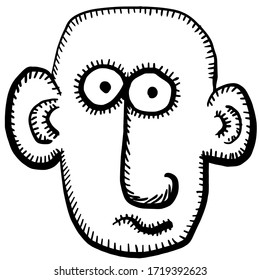 Ein grober Cartoon auf dem Gesicht eines Mannes. Avatar für soziale Medien Schwarz-Weiß-Zeichnung.