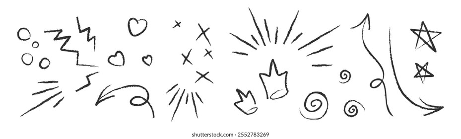 Rough charcoal Arrows, Hearts Crowns, Stars, Flash, Cross, Curls Doodle. Chalk drawing. Line Shape marker underline. Vector illustration isolated on white