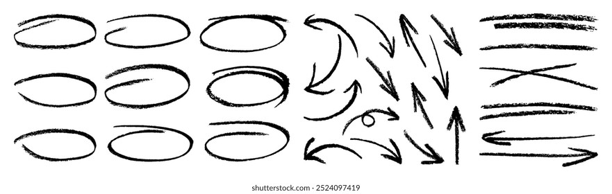 Grobe Pfeile und Striche aus Holzkohle.Schwarze Ovale und Pfeile Striche.Satz von Designelementen auf weißem Hintergrund.Grobe Pfeile und Striche aus Holzkohle.Pinselelemente für Notizen und Unterstreichungen im Text.