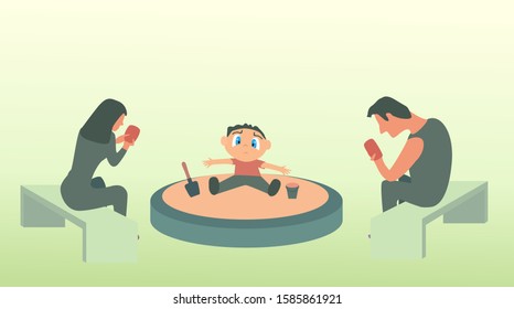 A rough child, without his parents 'attention sitting in a sandbox.