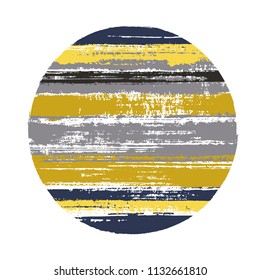 Rough circle vector geometric shape with stripes texture of paint horizontal lines. Planet concept with old paint texture. Stamp round shape logotype circle with grunge stripes background.