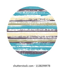Rough circle vector geometric shape with striped texture of ink horizontal lines. Planet concept with old paint texture. Stamp round shape circle logo element with grunge background of stripes.