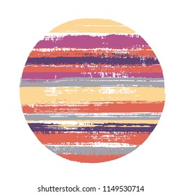 Rough circle vector geometric shape with stripes texture of ink horizontal lines. Disk banner with old paint texture. Emblem round shape logotype circle with grunge stripes background.