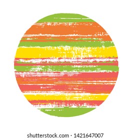 Rough circle vector geometric shape with stripes texture of ink horizontal lines. Planet concept with old paint texture. Badge round shape logotype circle with grunge stripes background.