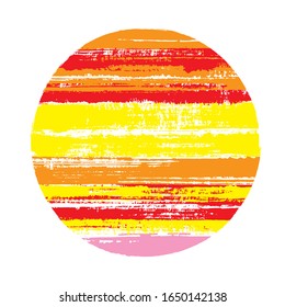 Rough circle vector geometric shape with stripes texture of ink horizontal lines. Disk banner with old paint texture. Stamp round shape circle logo element with grunge stripes background.