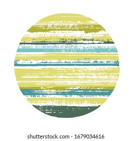 Rough circle vector geometric shape with striped texture of paint horizontal lines. Disc banner with old paint texture. Emblem round shape logotype circle with grunge background of stripes.